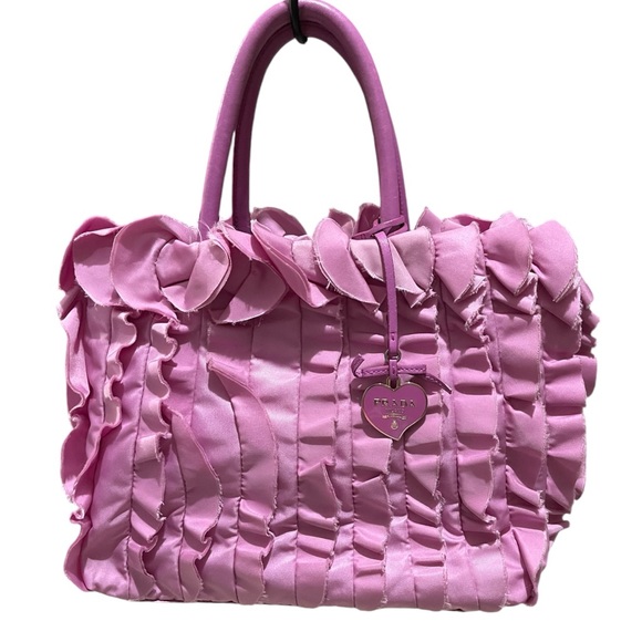 PRADA Tessuto Ruffled Leather Pink Tote Bag - Picture 1 of 15